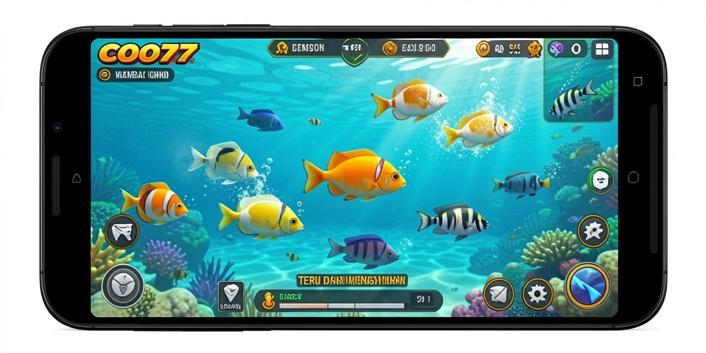 Screenshot COO77 menampilkan aksi menembak ikan yang seru.