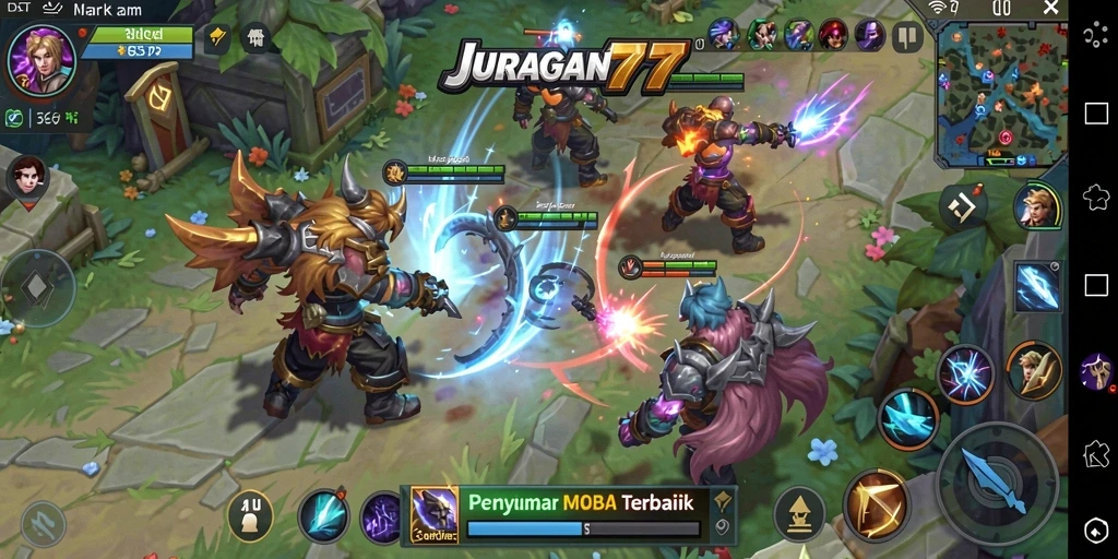 Tampilan seru dari gameplay MOBA JURAGAN77 yang intens.