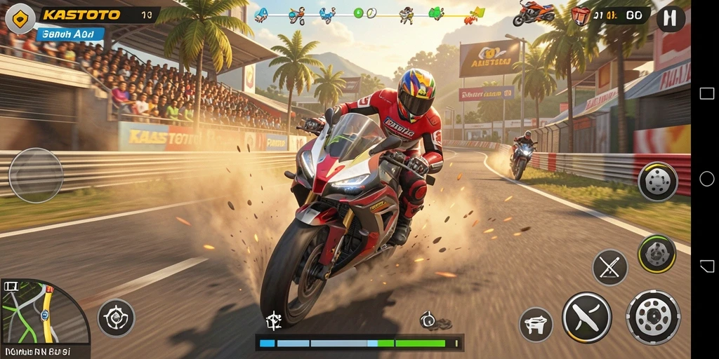 Tampilan gameplay KASTOTO yang menegangkan dan penuh aksi balap motor.