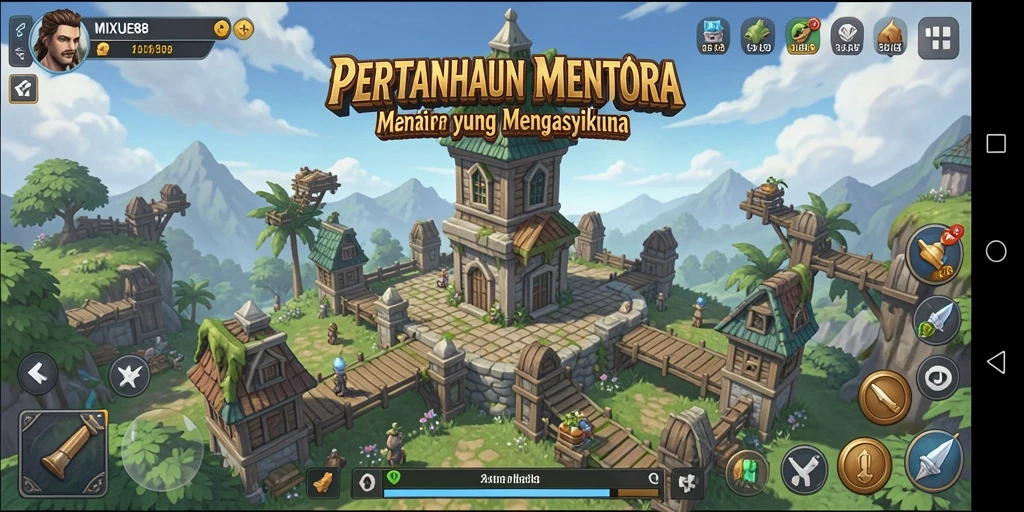 Tampilan gameplay MIXUE88 dengan menara yang strategis dan musuh yang menyerang.