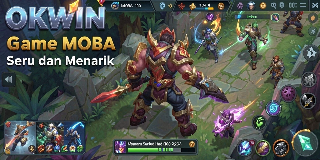 Screenshot gameplay OKWIN menampilkan aksi pertarungan yang intens di MOBA.