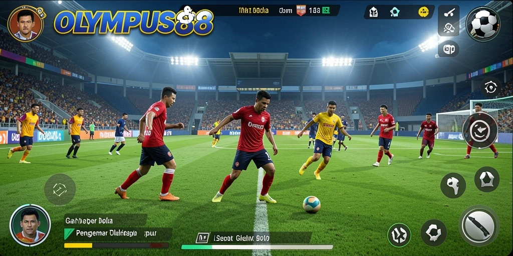 Screenshot permainan OLYMPUS88 menampilkan aksi sepak bola yang mendebarkan.