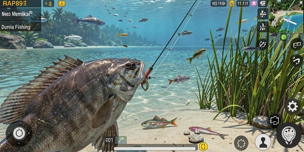 Screenshot gameplay RAP89 yang menunjukkan aksi memancing yang mendebarkan.