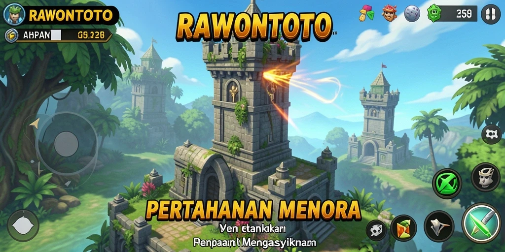Screenshot gameplay RAWONTOTO yang menunjukkan aksi menara bertahan.