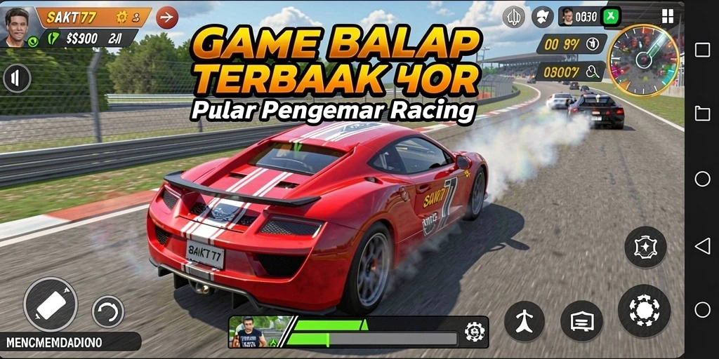 Screenshot gameplay SAKTI77 menunjukkan balapan yang mendebarkan dan mobil yang dipersonalisasi.